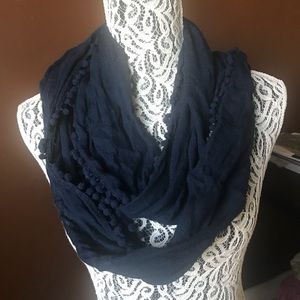 J crew Infinity scarf navy with Pom Pom edge